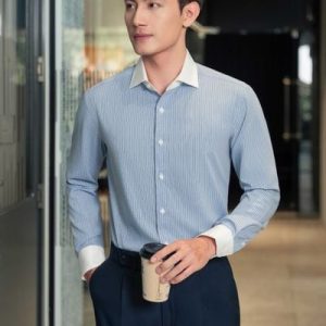 Sơ mi dài tay xanh công sở sọc trắng