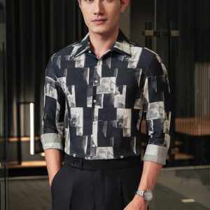 Sơ mi dài tay đen họa tiết ô vuông xám