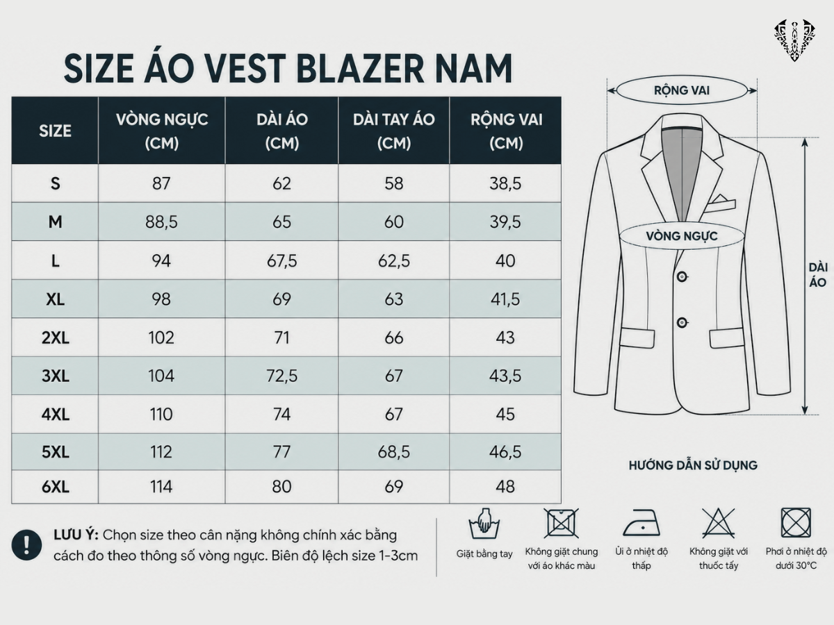 Bảng size áo vest blazer nam