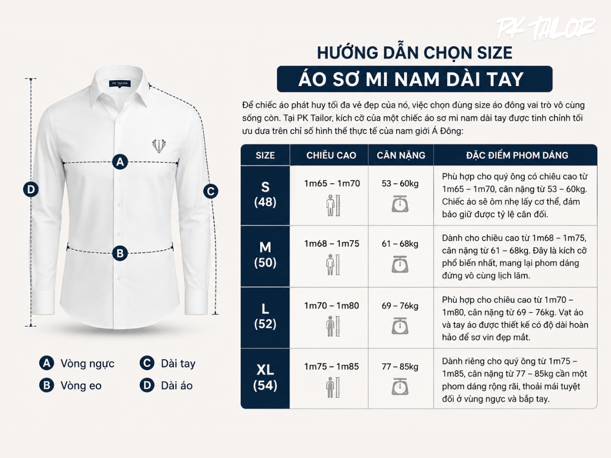 Size áo sơ mi nam tay dài