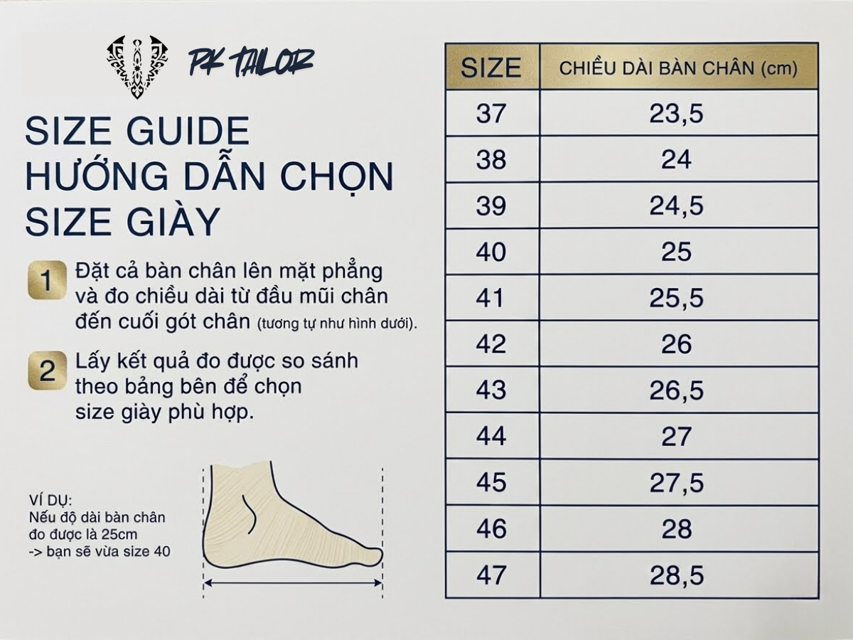 Bảng size đo giày nâu