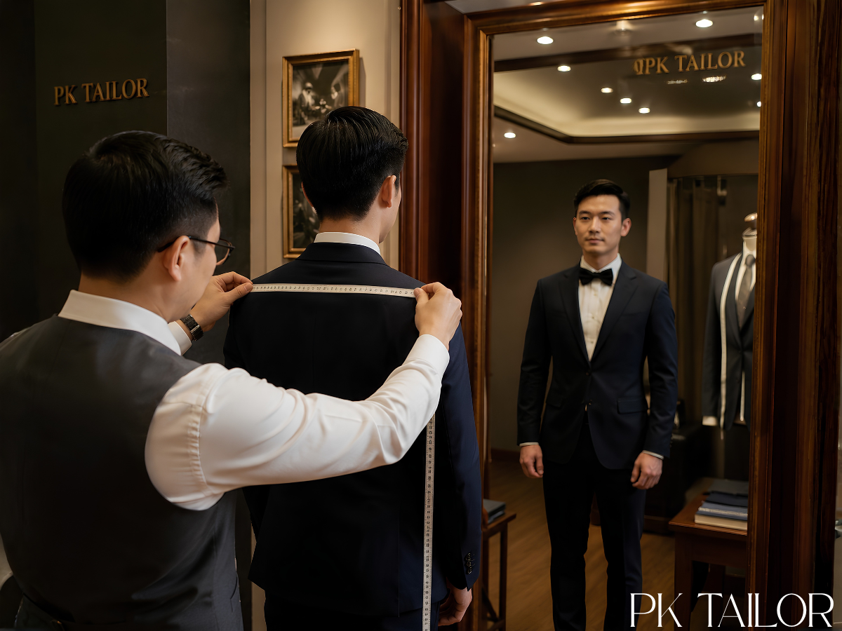 Người thợ đang đo may vest cưới