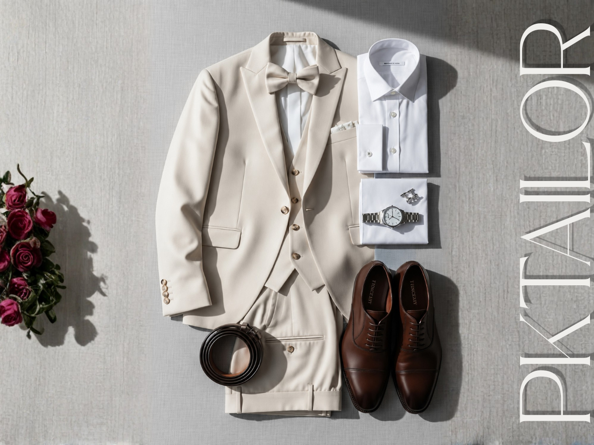 Cách phối đồ với vest trắng nam flatlay