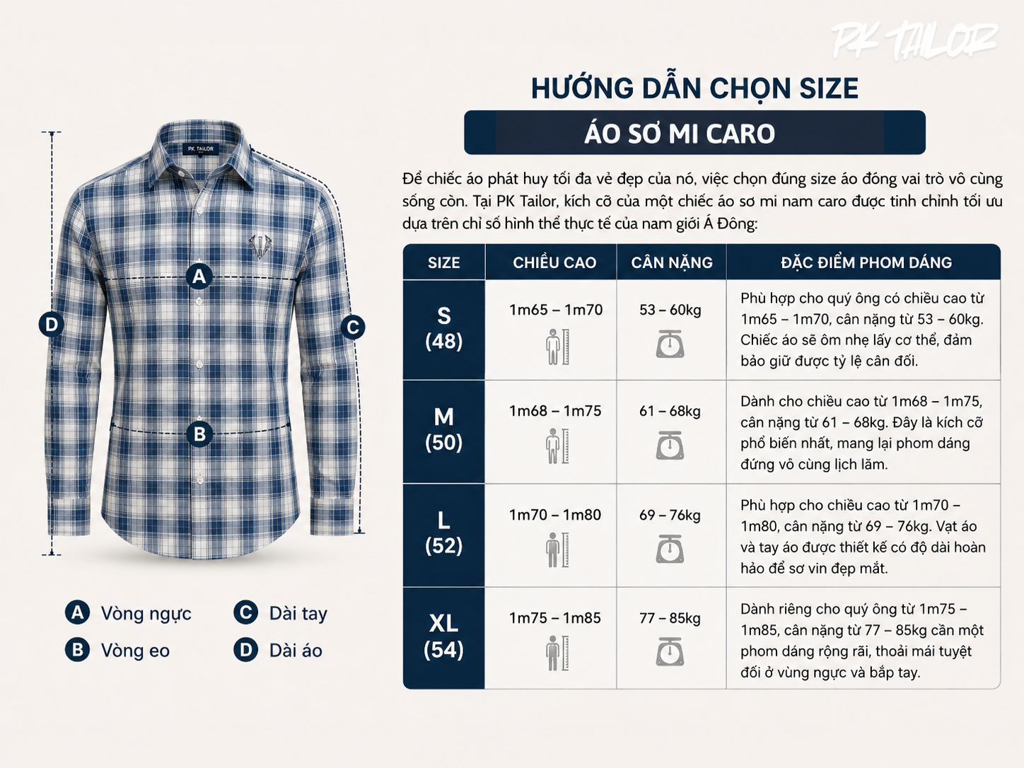 Bảng size áo sơ mi caro