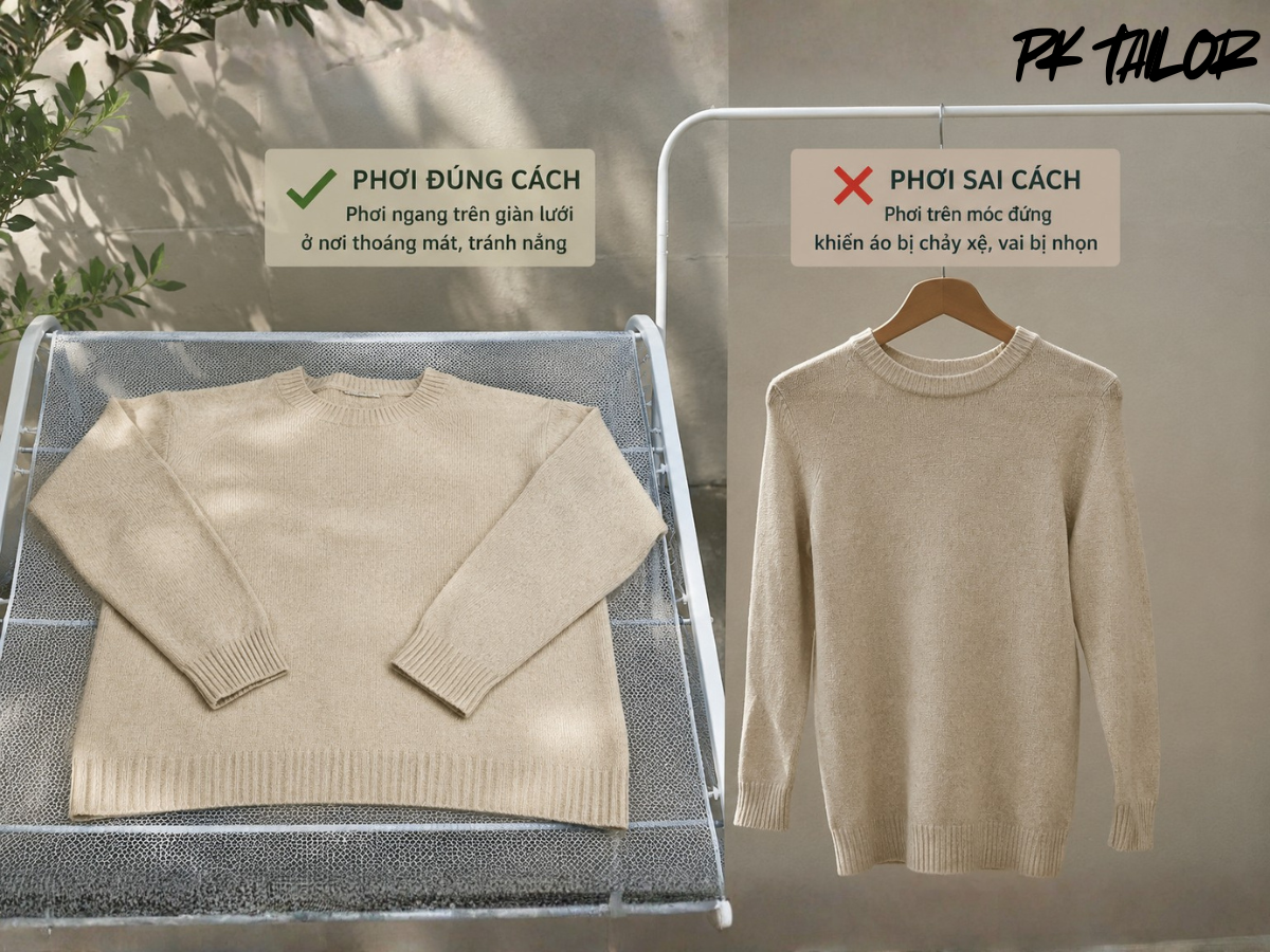 Ảnh chụp so sánh phơi khi giặt áo len đúng cách