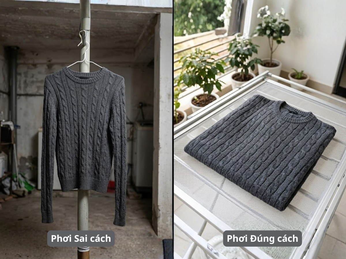 cách phơi áo len không bị giãn, so sánh 2 cách phơi