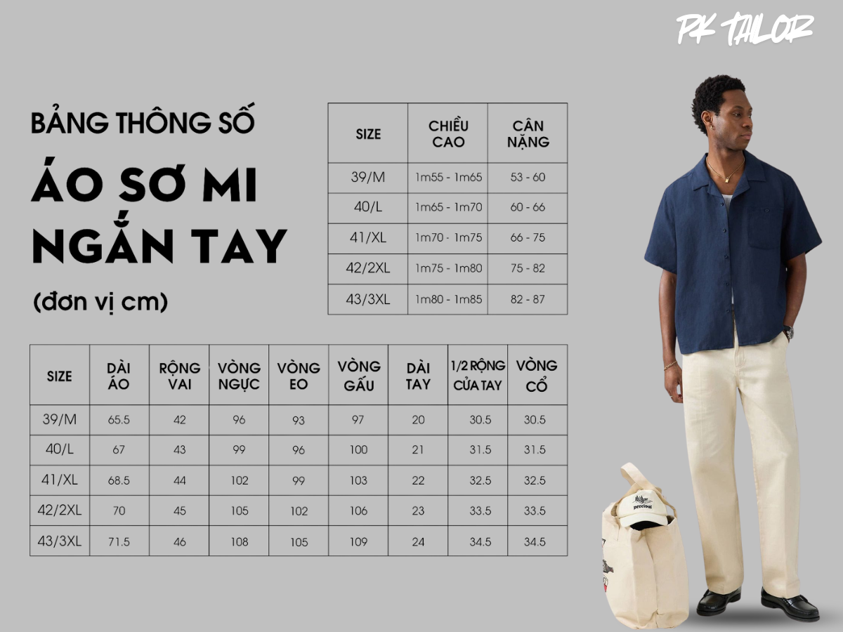 Bảng size chi tiết áo sơ mi trắng nam