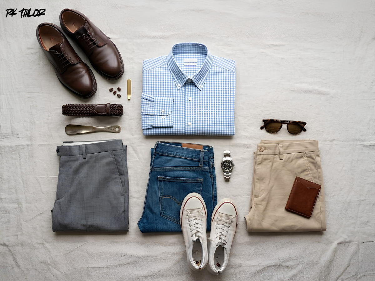 flatlay cho biết áo sơ mi mặc với quần gì
