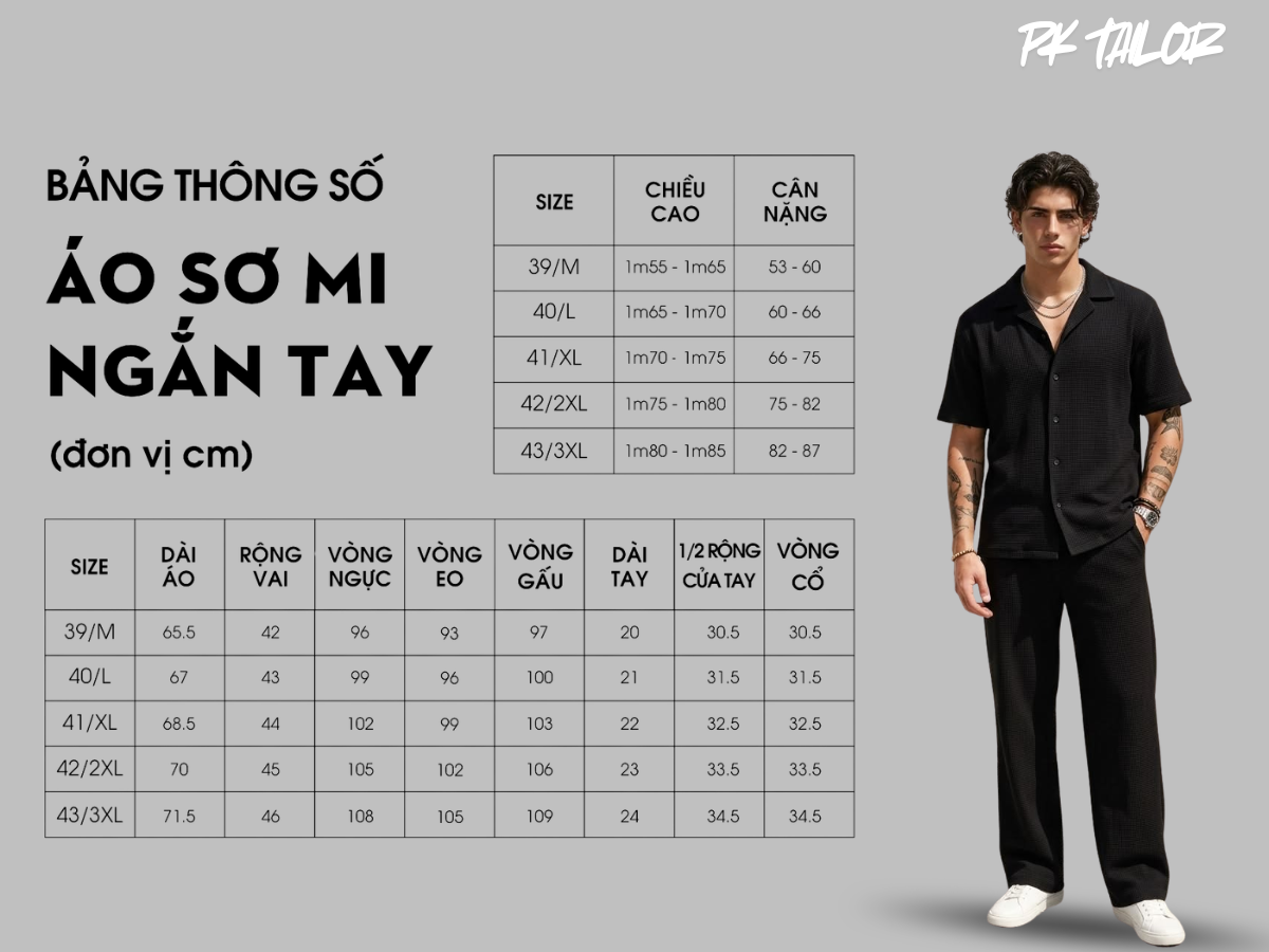 Bảng size áo sơ mi đen nam