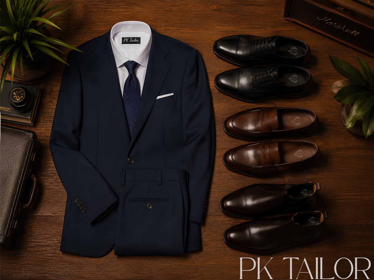 Mặc vest mang giày gì, flatlay suit nam và các đôi giày