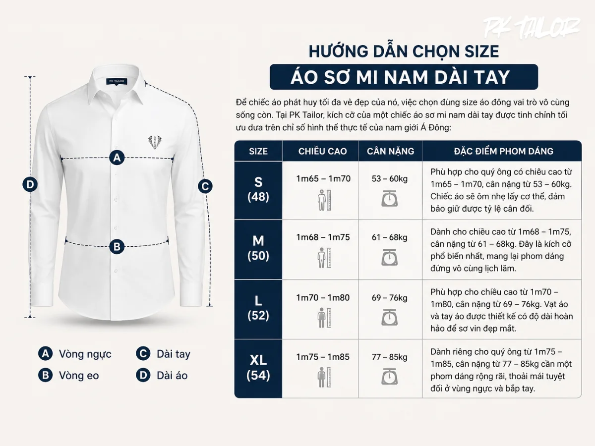Size áo sơ mi nam tay dài