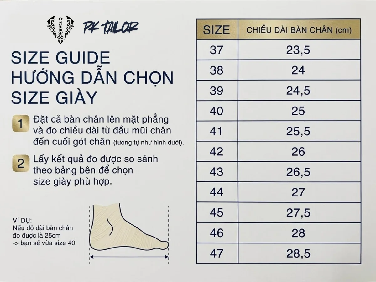 Bảng size đo giày nâu